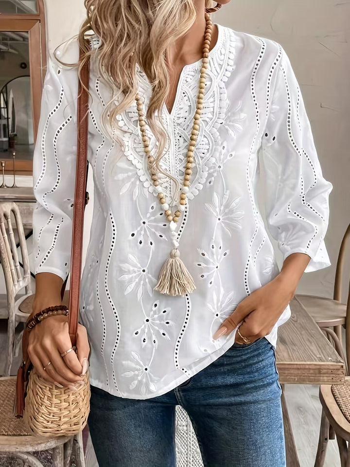 Damen bestickte Bluse mit elegantem V-Ausschnitt und 3/4-Ärmeln Drune