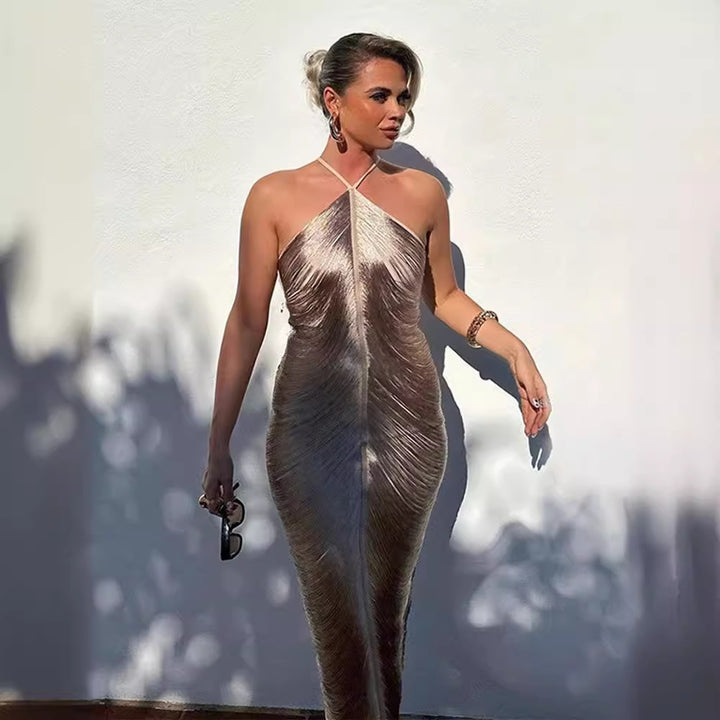 Damen Langkleid mit raffiniertem Schlitz und elegantem Kragen Drune