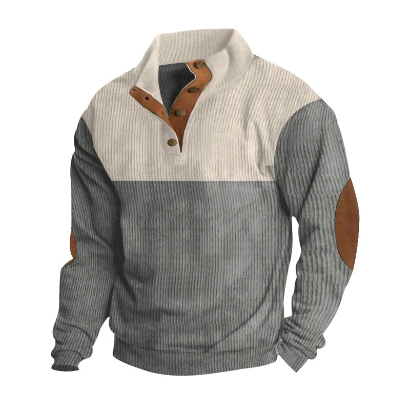 Herren nan strukturiertes Henley-Sweatshirt mit Stehkragen, Knopfleiste und Leder-Ellenbogenpatches Drune