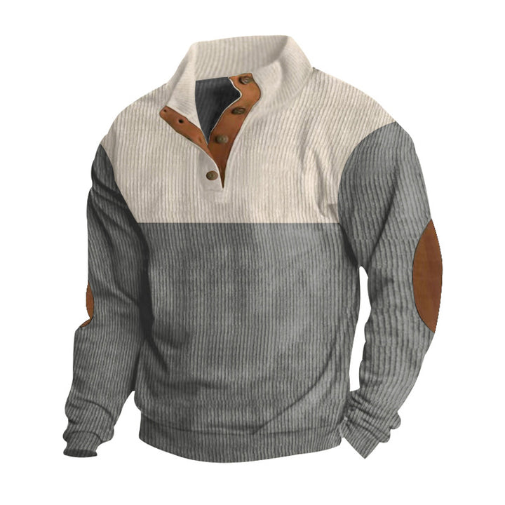 Herren nan strukturiertes Henley-Sweatshirt mit Stehkragen, Knopfleiste und Leder-Ellenbogenpatches Drune