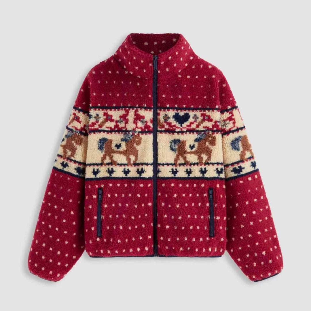 Damen Fleecejacke mit tierischem Muster und hoher Kragen Drune