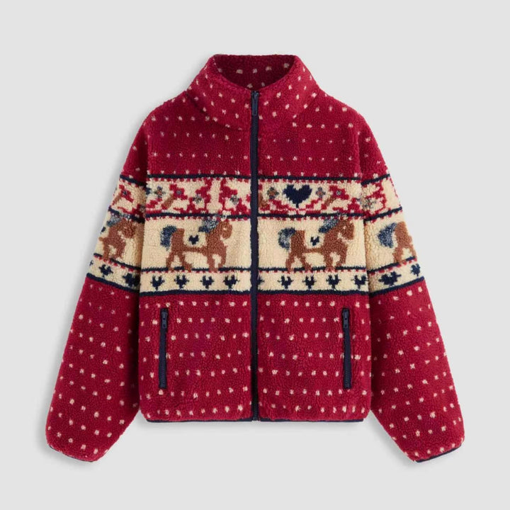 Damen Fleecejacke mit tierischem Muster und hoher Kragen Drune