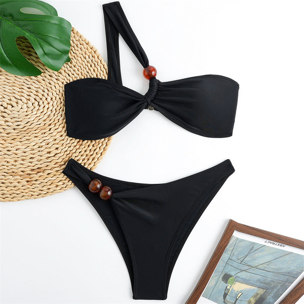 Damen Bikini-Set mit asymmetrischem Halter-Neck und dekorativen Hosenknöpfen Drune