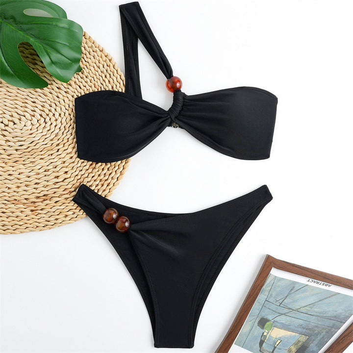 Damen Bikini-Set mit asymmetrischem Halter-Neck und dekorativen Hosenknöpfen Drune