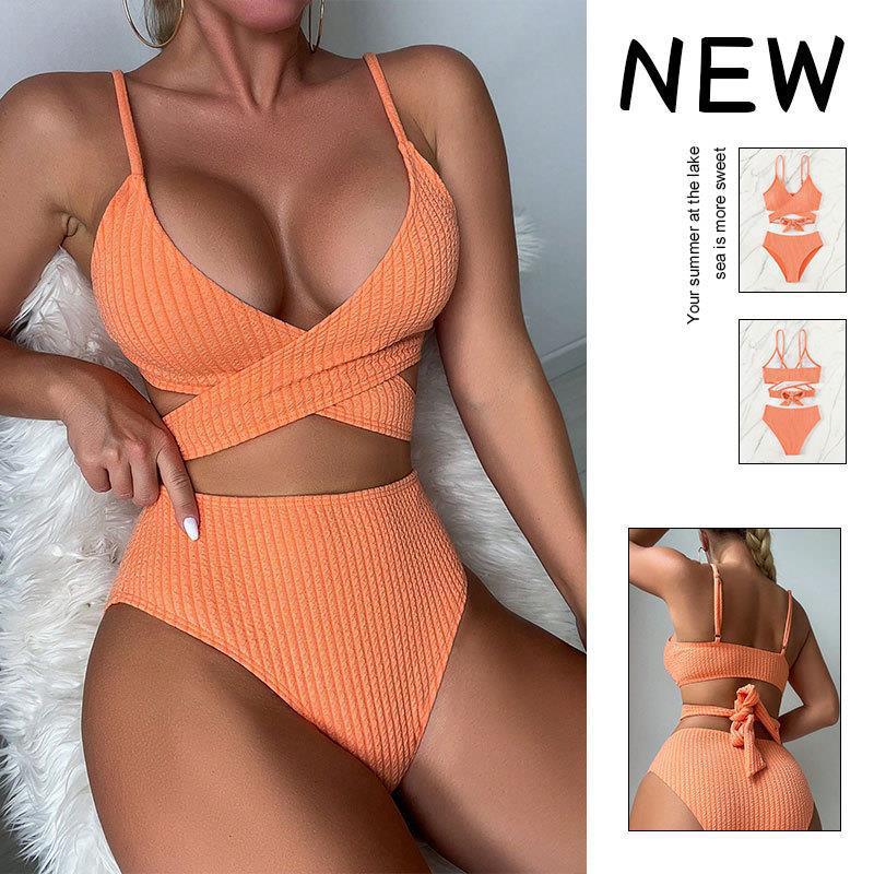 Damen Rippstruktur Bikini-Set mit verstellbaren Trägern und hohem Taillenschnitt Drune
