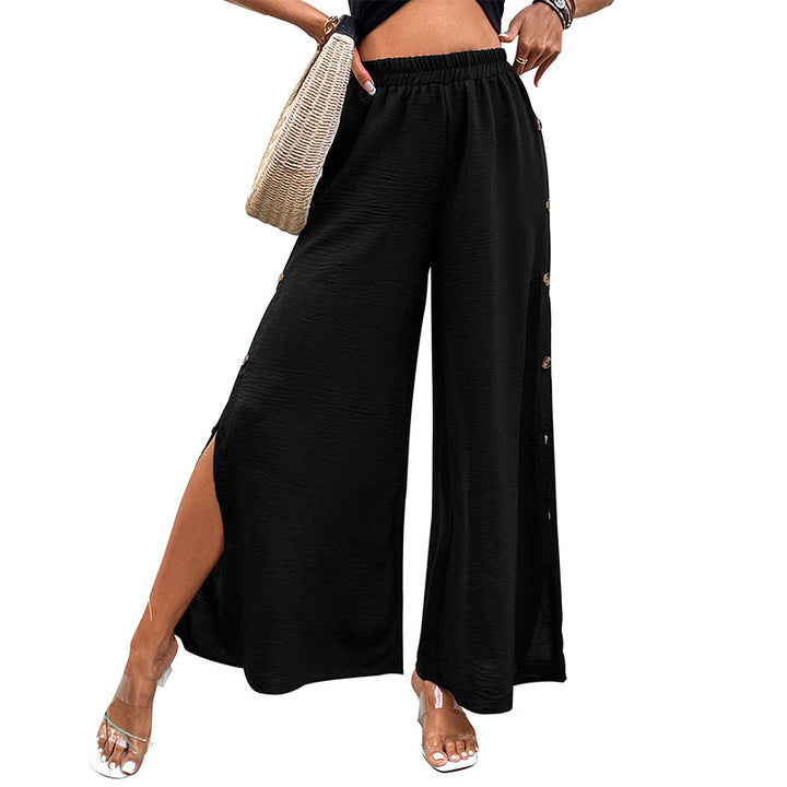 Damen weite Sommerhose mit seitlichen Schlitzen und dekorativen Knöpfen Drune