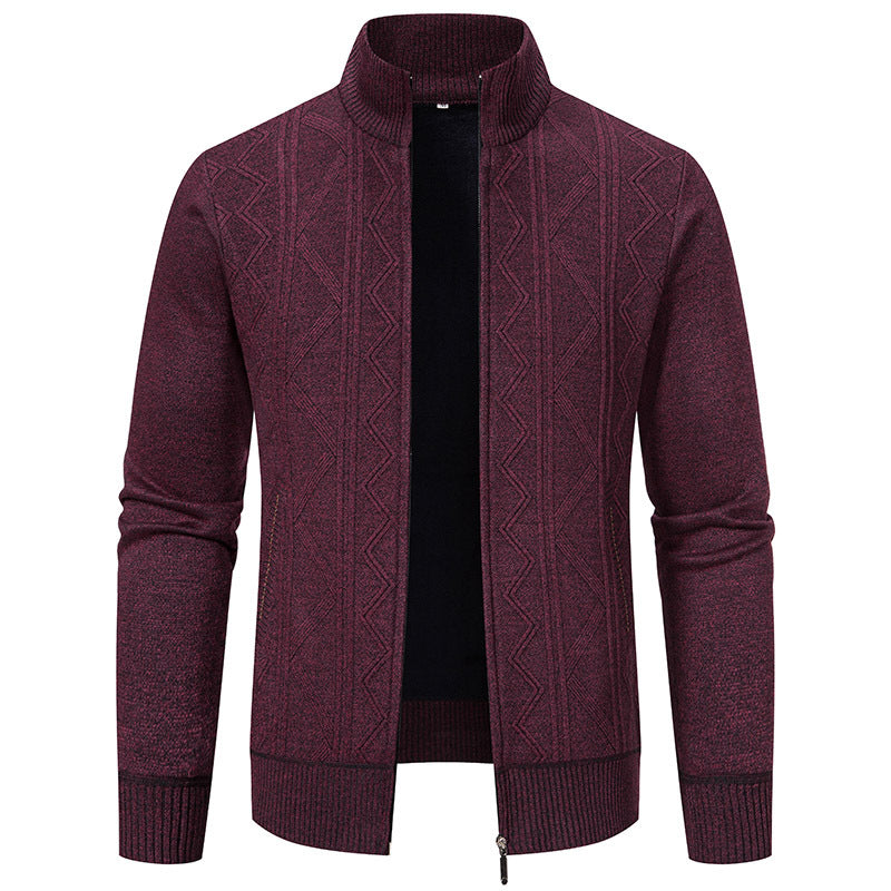 Herren elegante Strickjacke mit strukturiertem Zopfmuster und hohem Kragen Drune