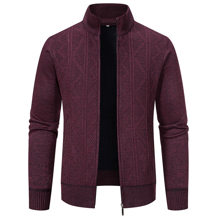 Herren elegante Strickjacke mit strukturiertem Zopfmuster und hohem Kragen Drune