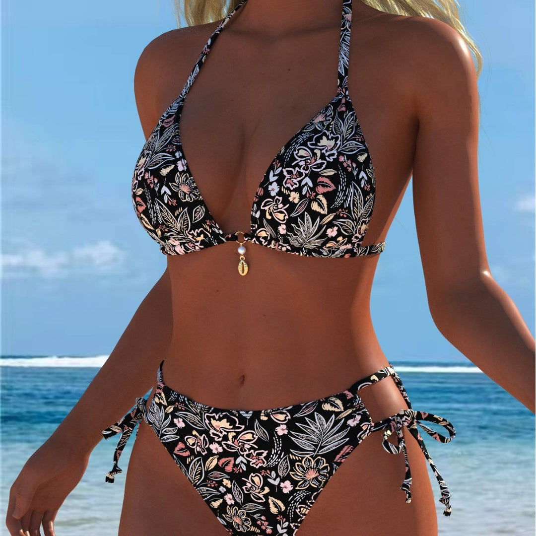 Damen Triangel-Bikini mit verspieltem Floral-Design und verstellbaren Bindebändern Drune