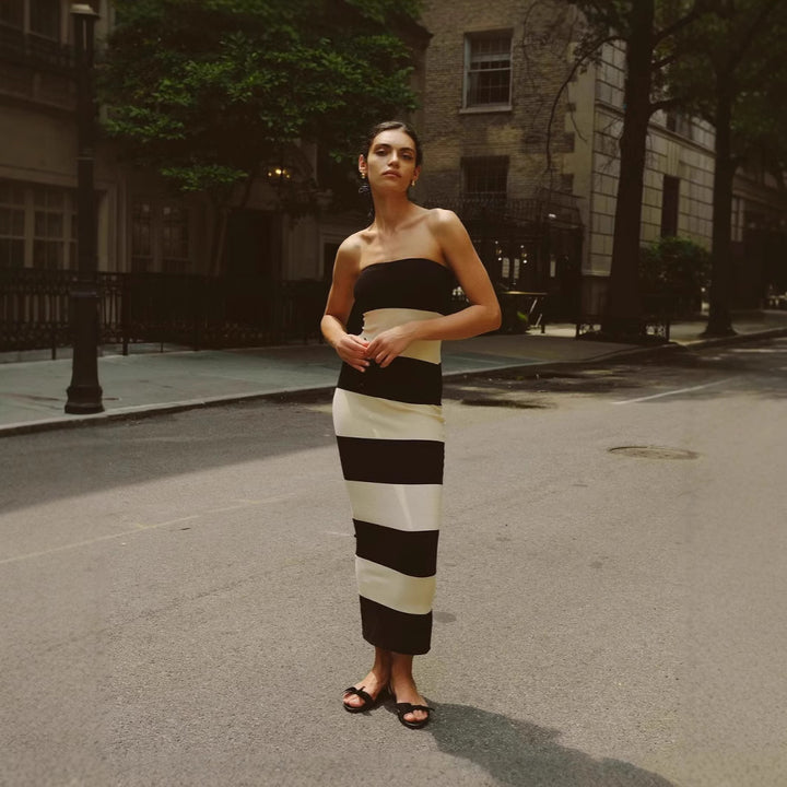 Damen schickes Bandeau-Maxikleid mit grafischem Streifenmuster und figurbetontem Schnitt Drune