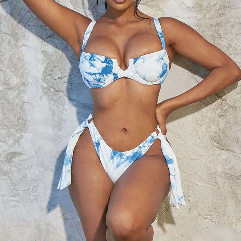Damen Hochgeschnittener Bikini mit floralem Design und seitlichen Bindedetails Drune