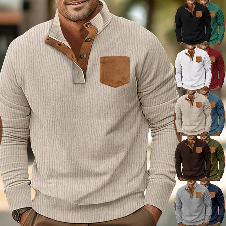 Herren eleganter Strickpullover mit Knopfleiste und kontrastierenden Ellbogenpatches Drune