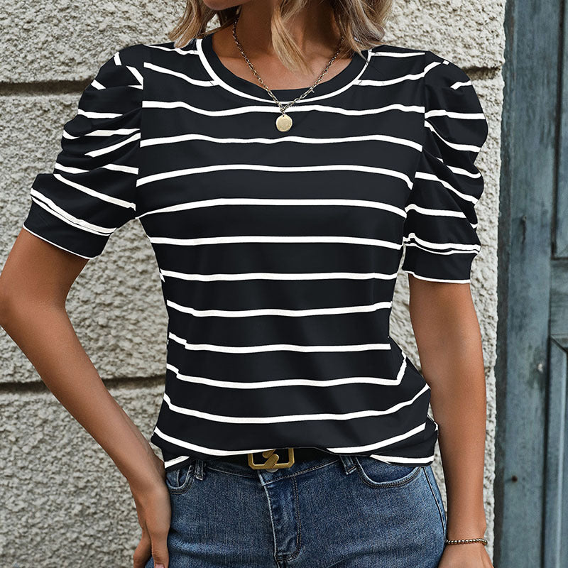 Damen T-Shirt mit dekorativen Puffärmeln und modernem Streifenmuster Drune