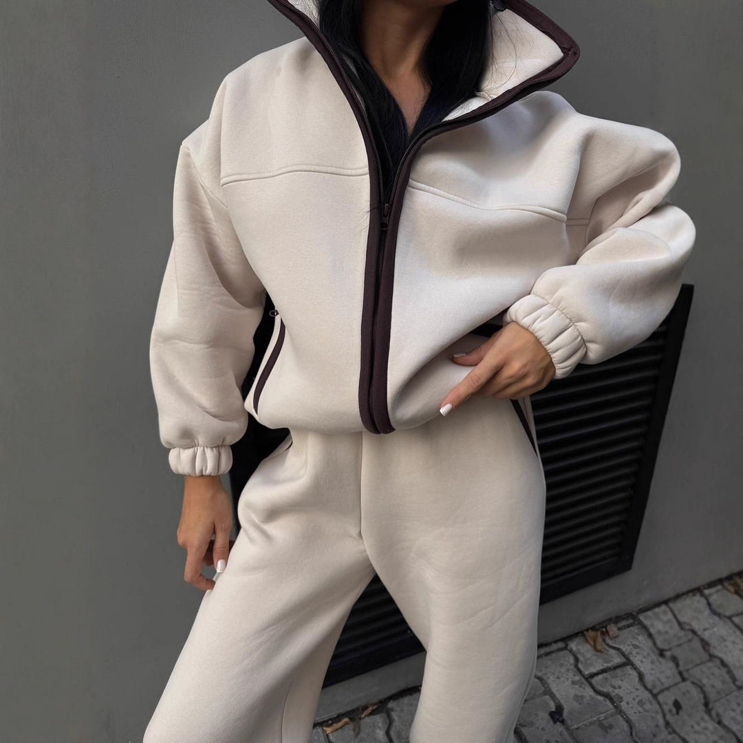Damen Modischer Fleece-Jogginganzug mit hohem Kragen und Kängurutasche Drune