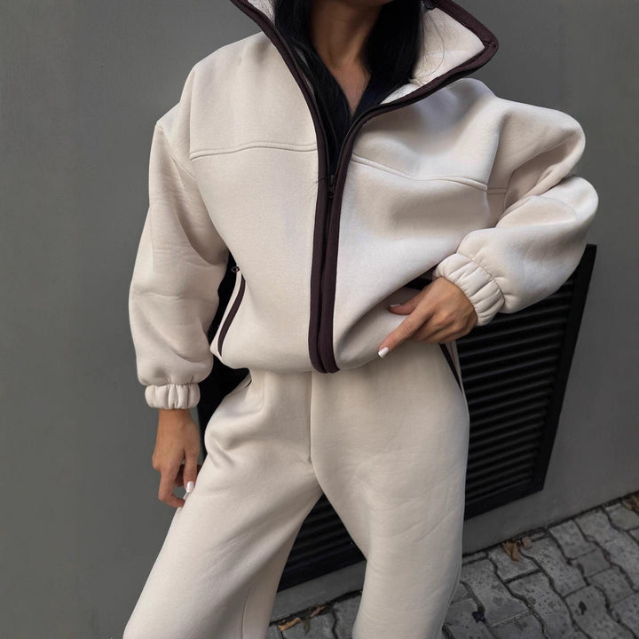 Damen Modischer Fleece-Jogginganzug mit hohem Kragen und Kängurutasche Drune