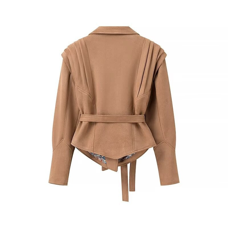 Damen Modische Wildlederjacke mit Gürtel und eleganten Schulterdetails Drune