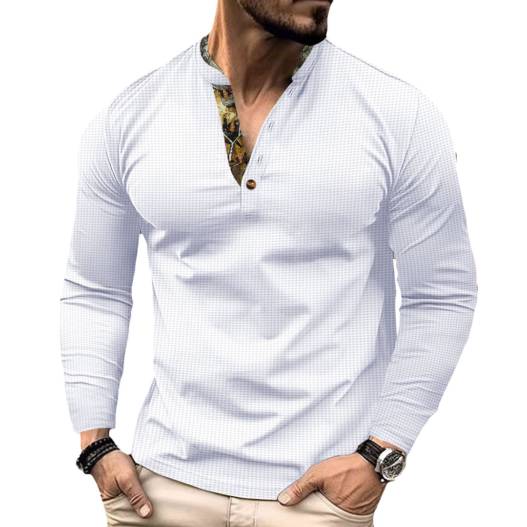 Herren nan langärmeliges Henley-Shirt mit Stehkragen und gemustertem Knopfleistenbesatz Drune