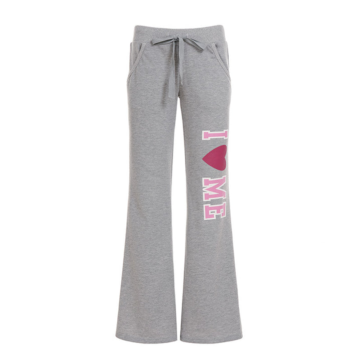 Damen nan weiche Flared-Jogginghose mit Kordelzug, Eingrifftaschen und auffälligem Love-Print Drune