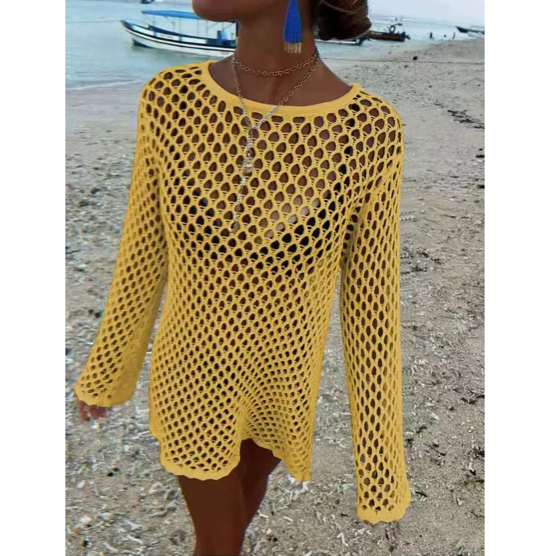 Damen luftiger Häkel-Strandüberwurf mit weiten Ärmeln und asymmetrischem Saum Drune