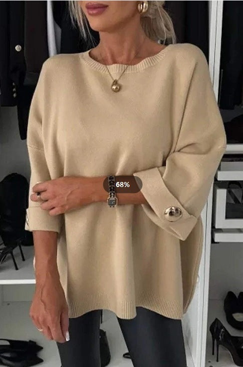 Damen Eleganter Strickpullover mit weit geschnittenen Ärmeln und Knopfdetails Drune