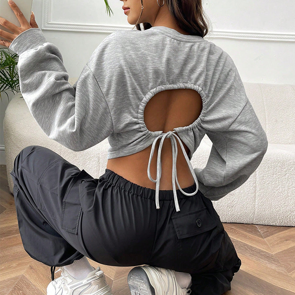 Damen lässiges Crop-Sweatshirt mit weiten Ärmeln und Rundhalsausschnitt Drune