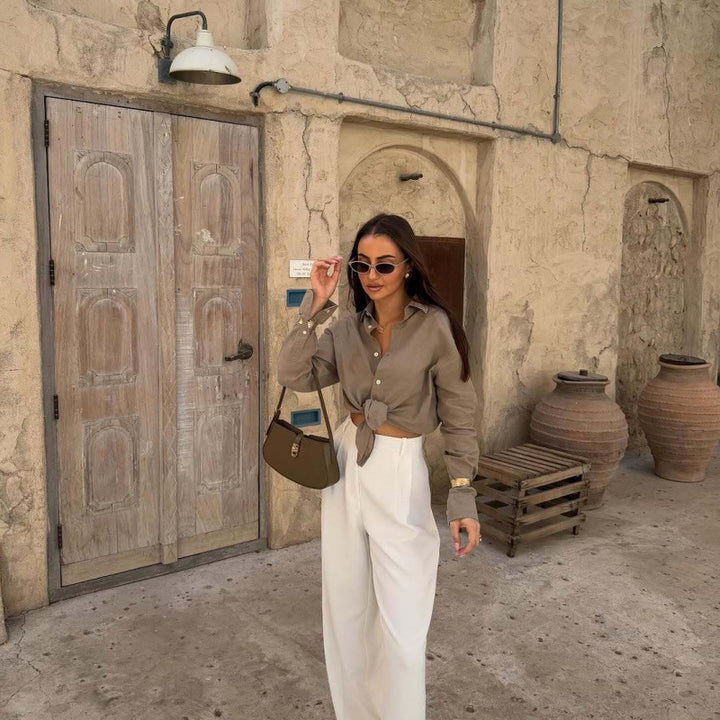 Damen lässige Bluse mit Knoten-Detail und eleganten Manschetten Drune