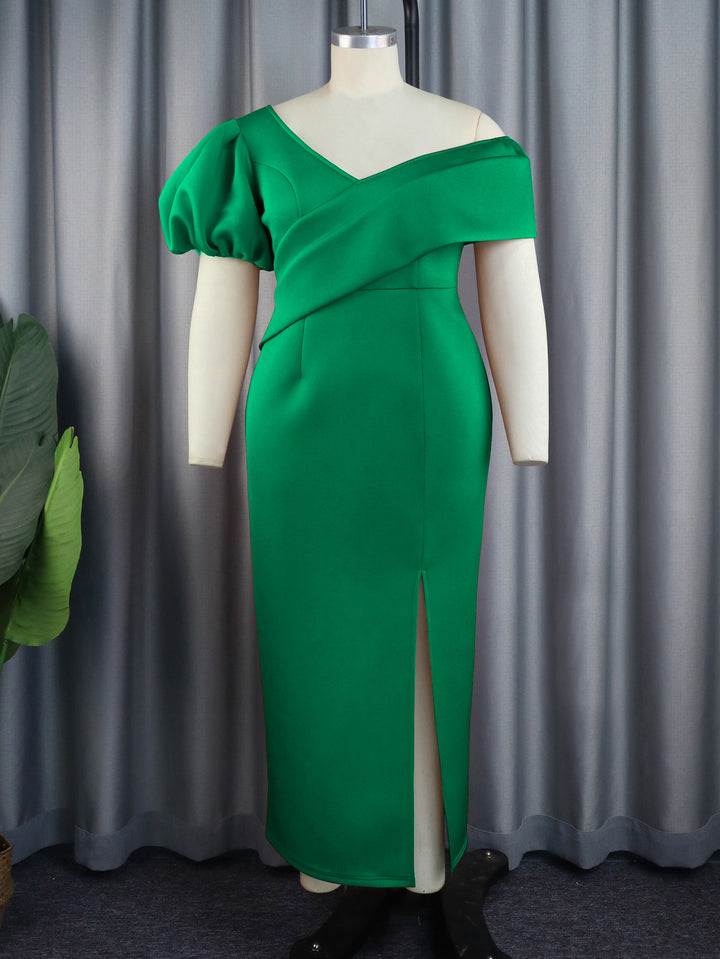 Damen Elegantes Maxikleid mit asymmetrischem Ausschnitt und voluminösen Puffärmeln Drune