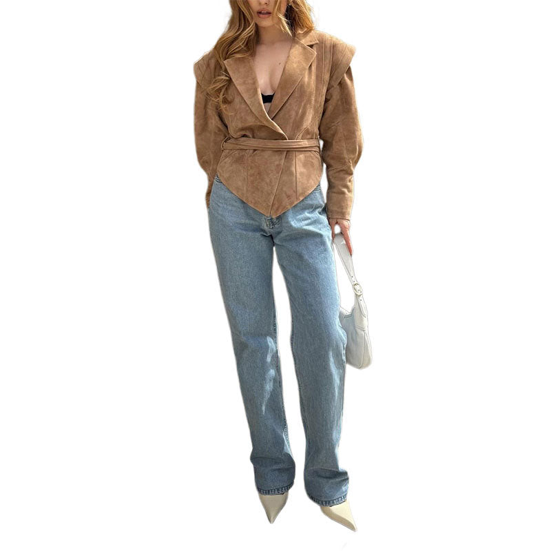 Damen Blazerjacke mit verbindbarem Gürtel und modernem Schulterdesign Drune