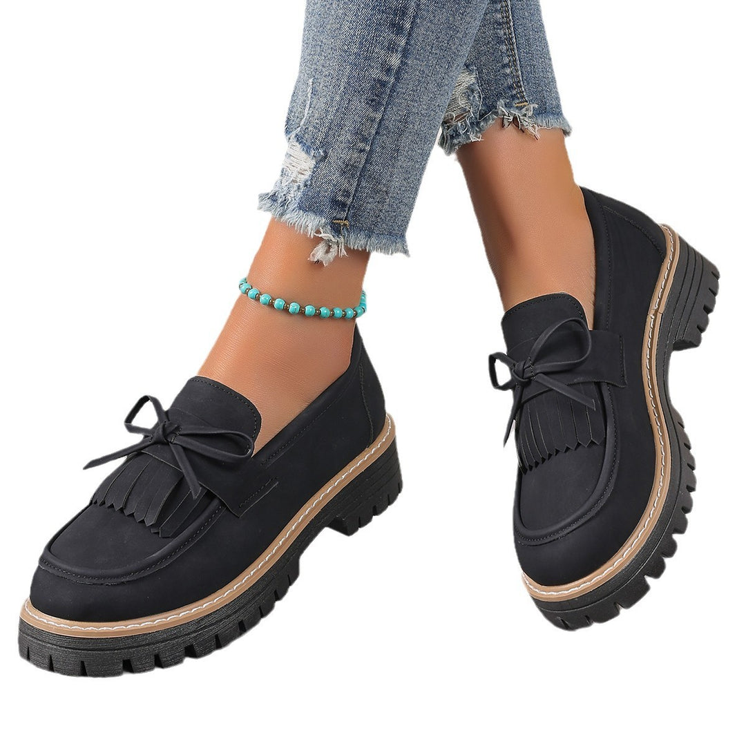 Damen modische Fransen-Loafer mit dekorativer Schleife und grober Profilsohle Drune