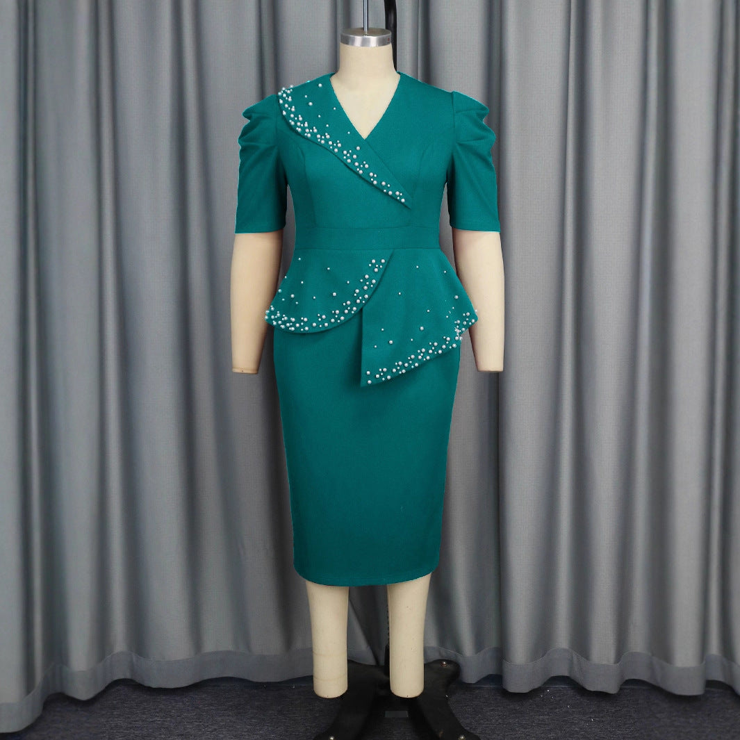 Damen figurbetontes Wickelkleid mit Rüschen und Perlenakzenten Drune