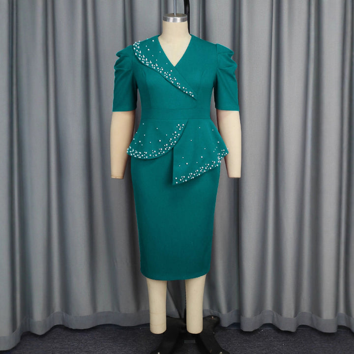 Damen figurbetontes Wickelkleid mit Rüschen und Perlenakzenten Drune