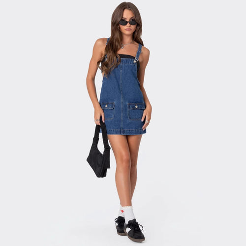 Damen Lässiges Jeanskleid mit praktischen Taschen und verstellbaren Trägern Drune