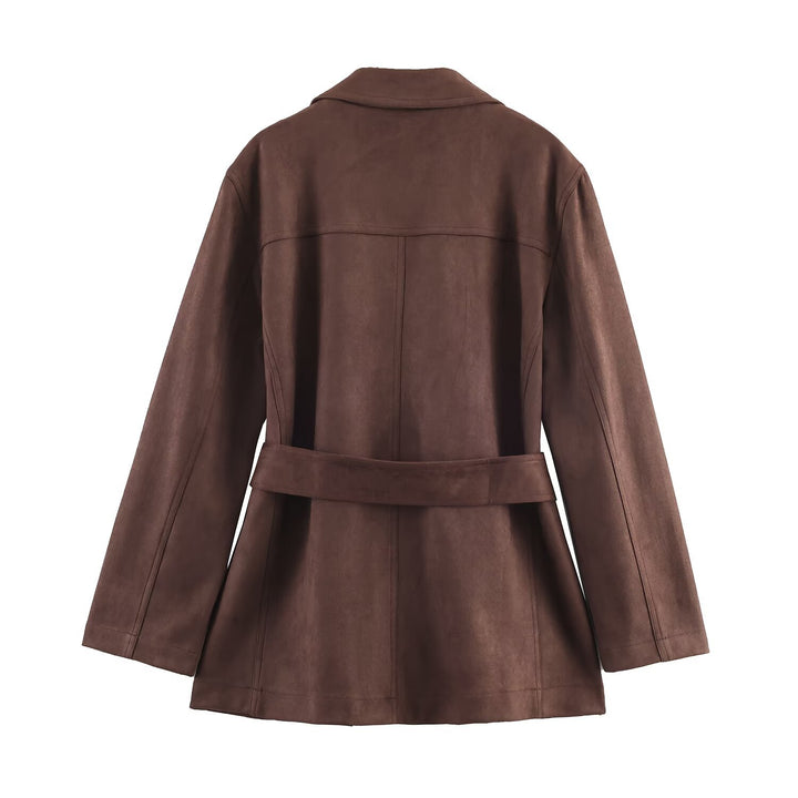 Damen Kunstlederblazerjacke mit tailliertem Schnitt und großem Gürtel Drune