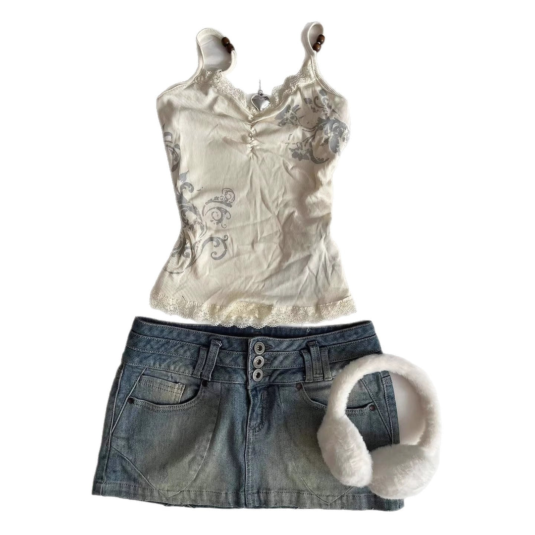 Damen Verspieltes Spaghetti-Träger Top mit Spitzendetails Drune