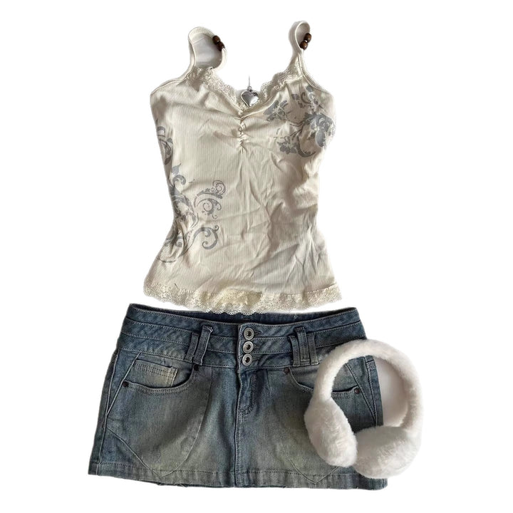 Damen Verspieltes Spaghetti-Träger Top mit Spitzendetails Drune