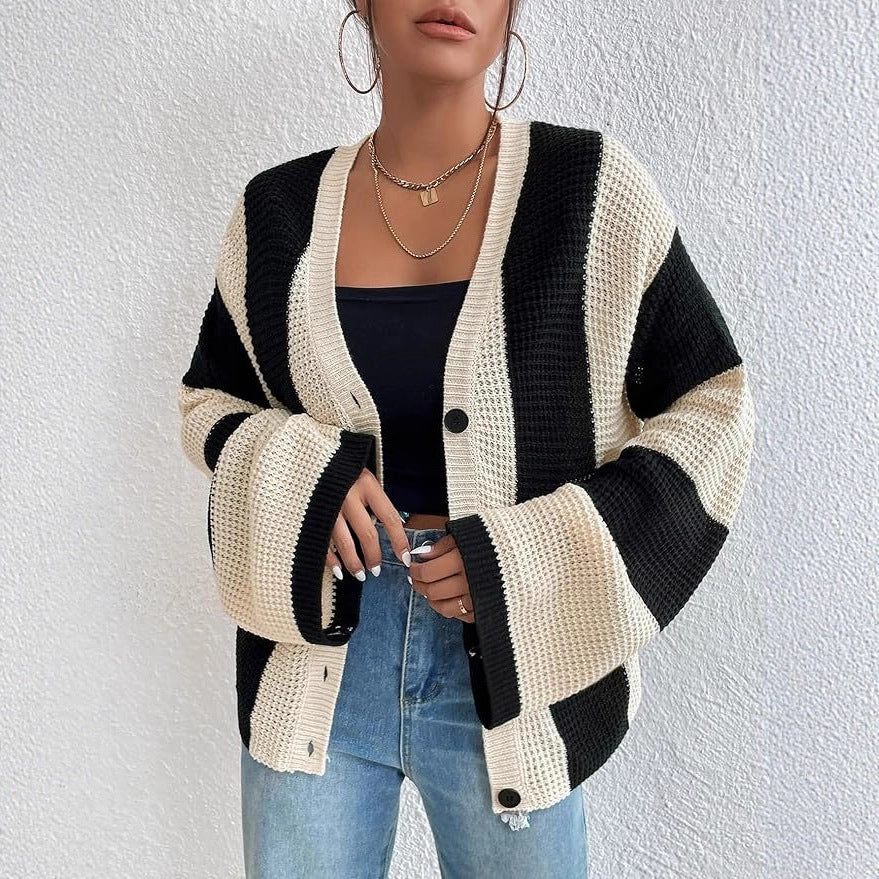 Damen stylische Strickjacke mit breiten Blockstreifen Drune