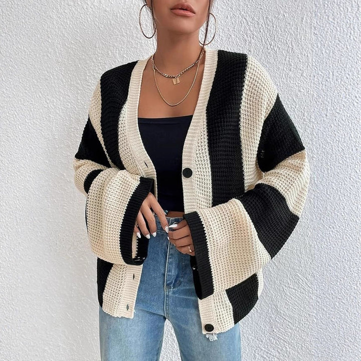 Damen stylische Strickjacke mit breiten Blockstreifen Drune