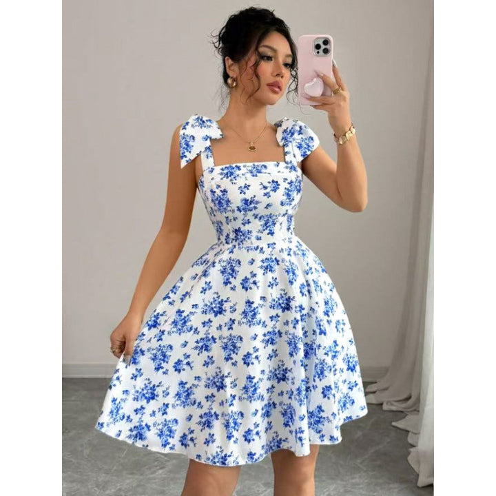 Damen Sommerliches A-Linien Kleid mit floralem Print und Schleifen-Trägern Drune