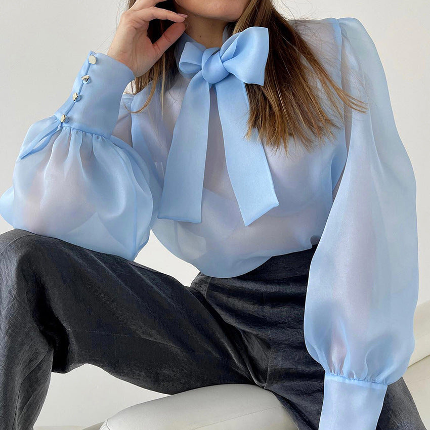 Damen transparente Bluse mit eleganter Schleifenverzierung und voluminösen Ärmeln Drune