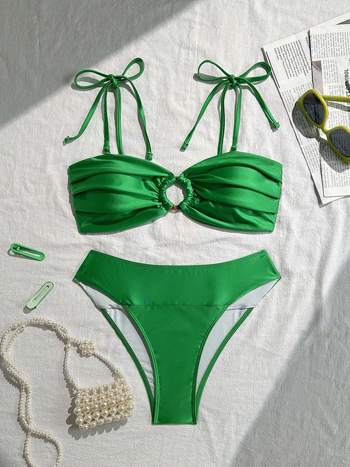 Damen Bandeau-Bikini mit dekorativem Raffung und Ringelement Drune