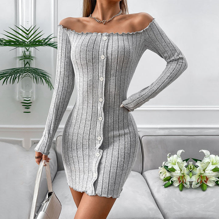 Damen Strickkleid mit Off-Shoulder Design und eleganter Knopfleiste Drune