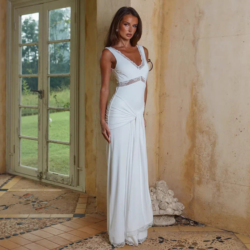 Damen Elegantes Langes Kleid mit Spitzendetails und Wickeleffekt Drune