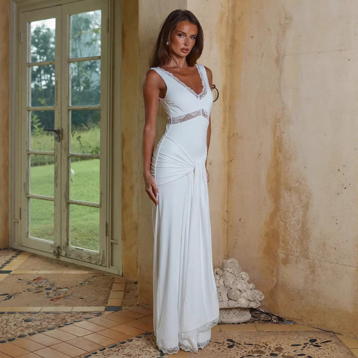 Damen Elegantes Langes Kleid mit Spitzendetails und Wickeleffekt Drune