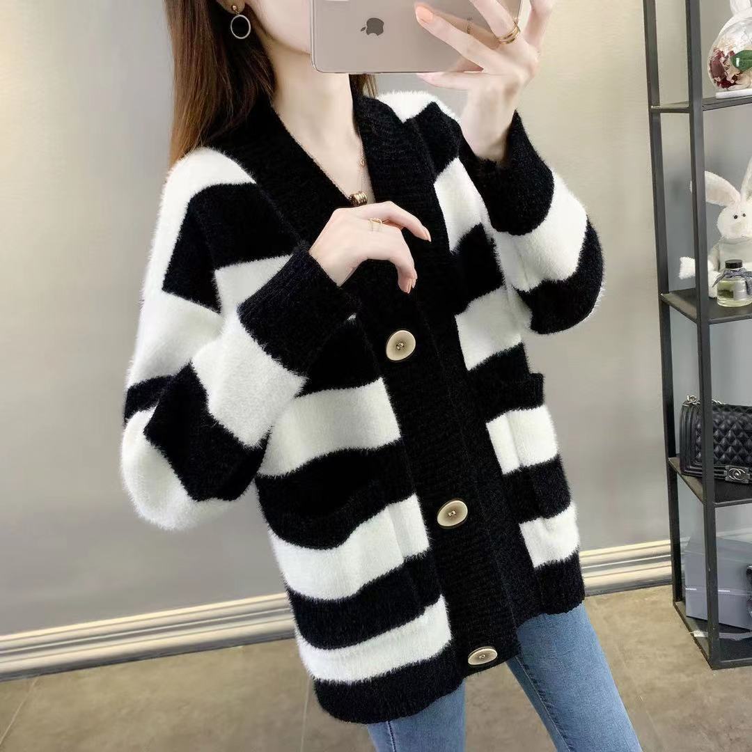 Damen Grobstrick-Cardigan mit Breton-Streifen und praktischen Taschen Drune