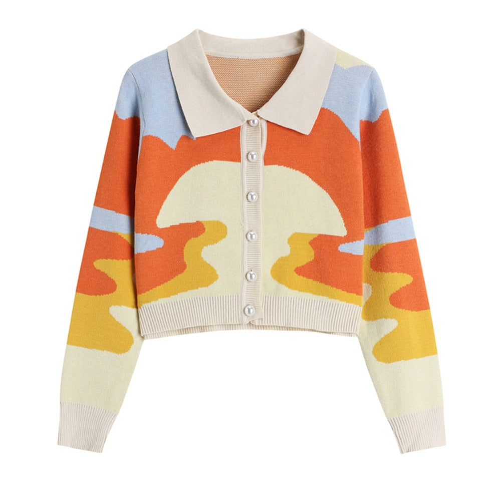 Damen modische Strickjacke mit kreativem Farbverlauf und Kragen Drune