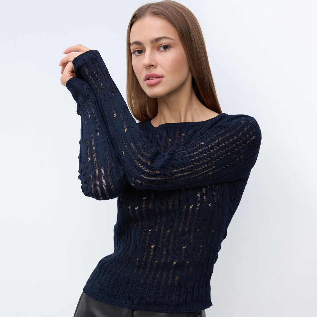 Damen eleganter Strickpullover mit raffiniertem Lochmuster und minimalistischen Details Drune
