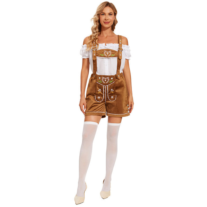 Damen nan Trachten-Latzhose Shorts mit filigraner Stickerei und verstellbaren Trägern Drune