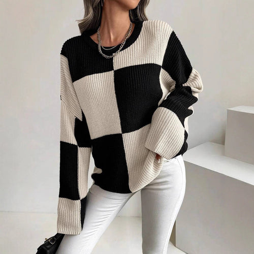 Damen Grobstrickpullover mit auffälligem Blockmuster Drune