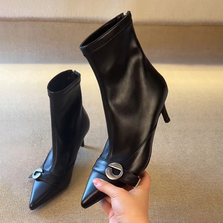 Damen elegante Ankle Boots mit spitzem Schnitt und dekorativer Schnalle Drune