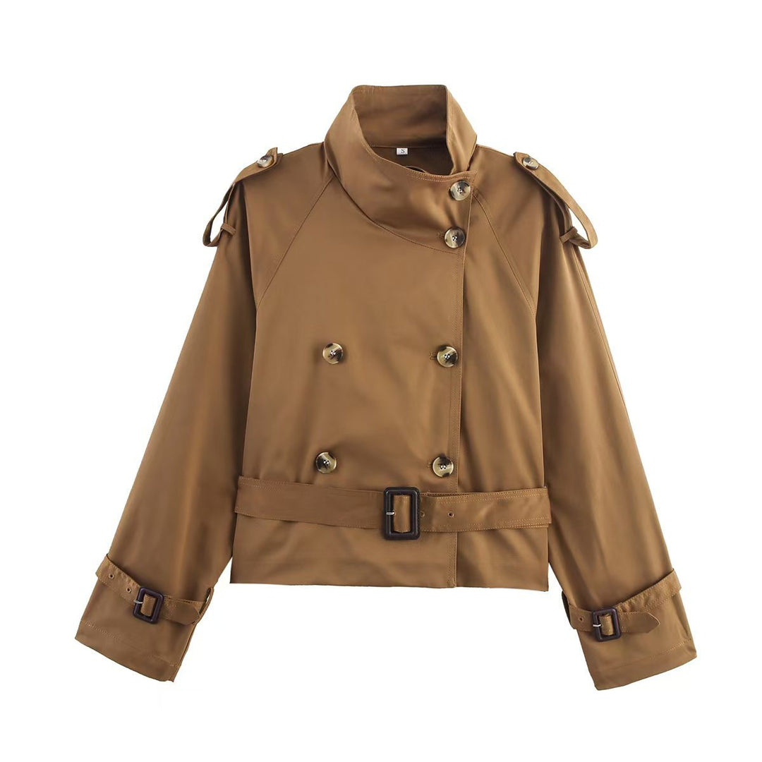 Damen modischer Trenchcoat mit hoch geschlossenem Kragen und praktischen Schulterriegeln Drune